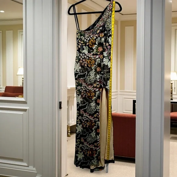 Mac Duggal Black, Silver and Pink Floral Sequin, Backless Cutout Dress - Picture 6 of 8